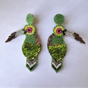 Heroines Paris Handmade Toucan Bird Stud Earrings, Beaded and Felt Studs, Green